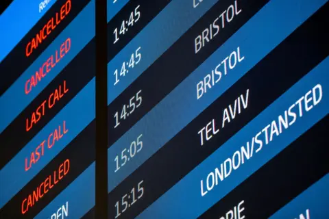 Cancelled flights on departure board