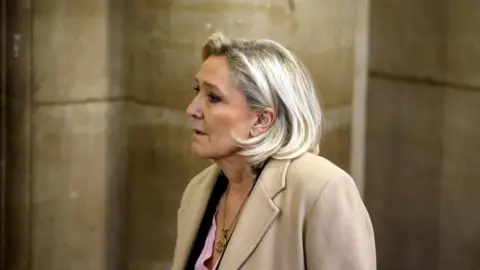 Marine Le Pen arrives at the Appeals Court, wearing a beige coat, pink shirt and a necklace 