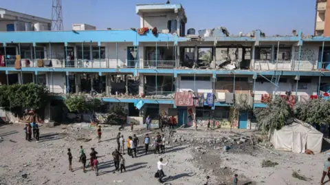 The UN school in Nuseirat refugee camp, in the central Gaza Strip, which was damaged in an Israeli strike (6 June 2024)