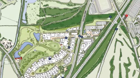 EXOq A site masterplan, with various indicated points such as the proposed new Oxford United FC stadium.