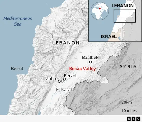 Map of the Bekaa Valley in eastern Lebanon. The towns of Baalbek, Feral, Saar and El Karak are marked. 