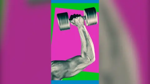 An arm holding up a dumbbell, showing a defined bicep muscle.