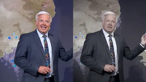 A side by side image of the same man - a weather presenter, Derek Brockway, and behind him is a weather map. On the left he is in colour, wearing a blue suit, light blue shirt and a colourful tie, on the left he is in the same outfit but the image is in black and white. The left shows an AI version of him and the right is the real Derek.