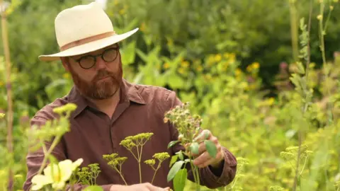 A gardener in a brown shirt and panama hat tending to plants