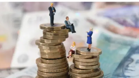 PA Two piles of pound and two pound coins stand on a pile of notes with men standing on the higher left-hand pile and women on the right smaller pile to indicate the gender pay gap.