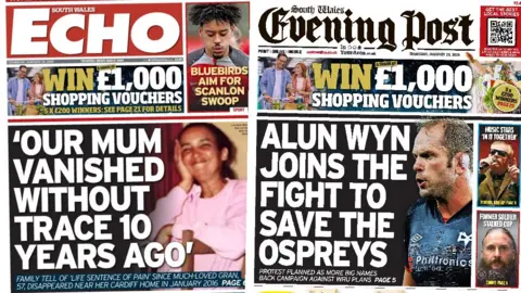 Front pages of South Wales Echo and South Wales Evening Post