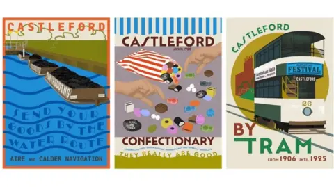 Three posters about Castleford’s history, including coal boats, sweets, and an old tram. Each poster is bold and simple, showing important parts of the town’s past.
