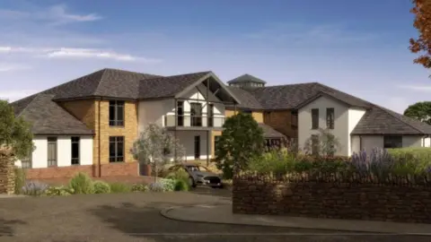 Heritage Manor Ltd CGI plans show a two storey property with a pitched roof and central balcony to the upper floor. The building appears to be in an 'L' shape and curves around to the right.
