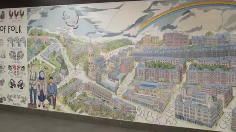 Strathclyde Partnership for Transport Alasdair Gray's mural at Hillhead subway station. It features a map of Glasgow's west end with three people in the corner.