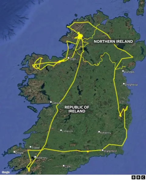 National Parks and Wildlife Service A map of Ireland showing with a yellow line scribbled across it, the path of which represents the movements of the bird. It stretches from the south, to the east, then the north, then finally the west, before returning to the southern tip of the island. 