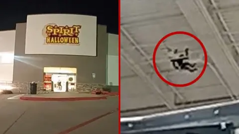 Split screen of a store on the left and on the right a red circle around a monkey hanging on the ceiling of a supermarket.