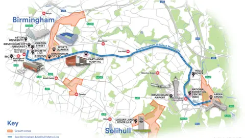 WMCA A map showing part of Birmingham from Aston University and Birmingham City University to the National Exhibition Centre and Arden Cross. It includes the proposed Sports Quarter as well as existing buildings such as Heartlands Hospital and Birmingham Airport. The map shows the planned Curzon Street Station as well as current stations which include Birmingham Moor Street, Lea Hall, Marson Green and Birmingham International.