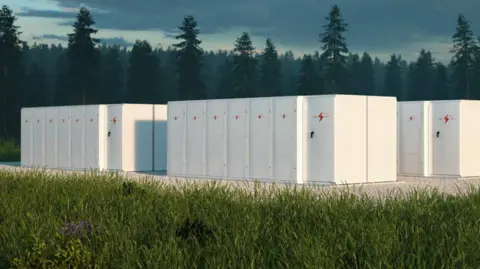 Elmya Energy We can see an artist's impression of three large white containers, similar to those used for shipping.