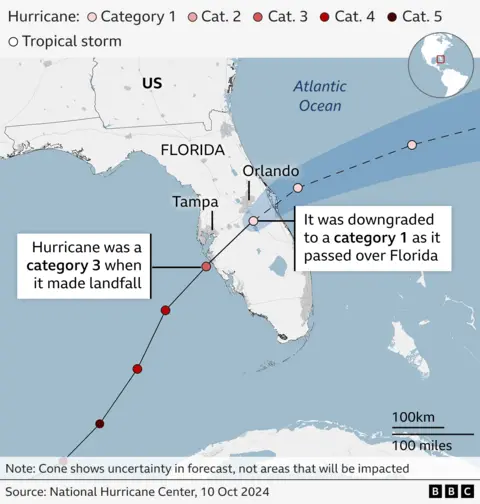 The BBC's annotated track map tracks Hurricane Milton towards Florida. In the graphic, it shows the storm moving from the Gulf of Mexico toward Florida, passing Tampa after 02:00 on Thursday and Orlando before 14:00 the same day.