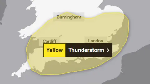 Met Office A digital map of the south of England and Wales shows a 'Yellow: Thunderstorm' warning from the East of England to Plymouth in Devon. It is highlighted in yellow and covers the East Midlands, East of England, London, South East England, South West England, parts of Wales and the West Midlands.