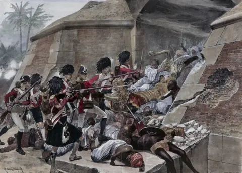 Getty Images An illustration of the storming of Seringapatam resulting in the death of Tipu Sultan.