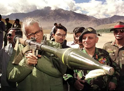 Getty Images George Fernandes in Kargil on 22 July 1999