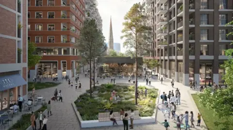 The Hill Group An artists impression of a new development, showing an elevated view of a large paved area with tall, multi-storey buildings on either side and lots of people milling about a landscaped area in the centre