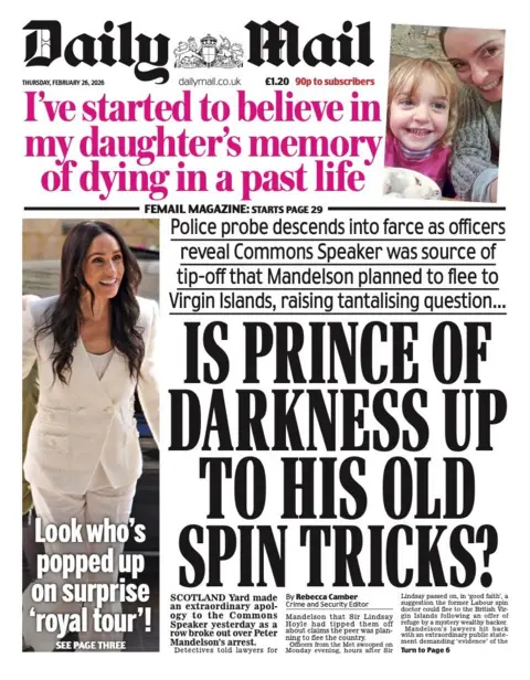 The headline on the front page of the Daily Mail reads: "Is prince of darkness up to his hold spin tricks?"