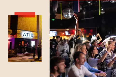 Getty Images Two images - one shows people standing outside the ATIK nightclub and another shows a group of people partying 