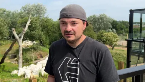 Daniel Tweitman stands on the viewing platform which overlooks the bear enclosure. He wears a dark grey flat cap backwards with a blue cotton short sleeve t shirt which has a white triangular logo on the front. He is giving a TV interview. In the background are green trees lining the enclosure, a pile of white large rocks, a small pond and tree with no leaves on it.