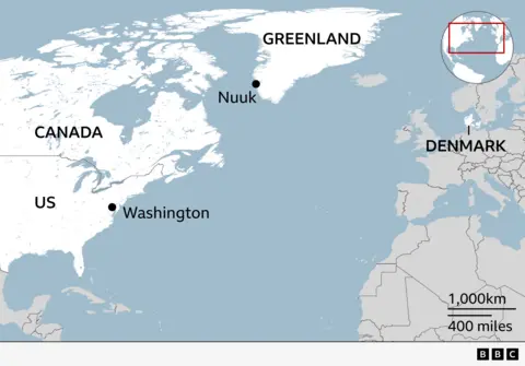 Map showing the location of Greenland and the capital Nuuk, relatively to Denmark, Canada and the United States. Also labelled is the US capital Washington