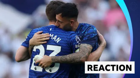 Seamus Coleman and Dwight McNeil embrace on the former's final appearance for Everton