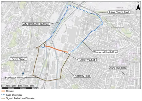 HS2 A map depicting the area around Saltley Viaduct, showing the stretch being closed between the High Street and Heartlands Parkway roundabouts. Also marked is a vehicle diversion north around Aston Church Road, and a shorter pedestrian route to the south, taking in Adderley Road, Duddeston Mill Road and Devon Street. 