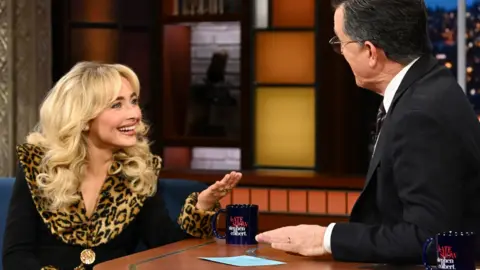 The Late Show with Stephen Colbert and guest Sabrina Carpenter during Thursday's December 12, 2024 show.