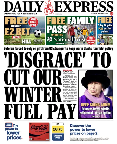 The headline in the Express reads: "Cutting our winter fuel payments is 'outrageous'",