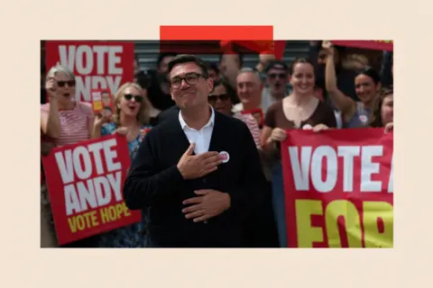 EPA/Shutterstock Andy Burnham (C) addresses his supporters at the party headquarters in Wigan, Britain