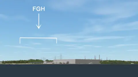 Hynamics A digitally-created image showing a view of grey buildings and chimneys behind a stretch of water. White lines show the height of the proposed hydrogen plant