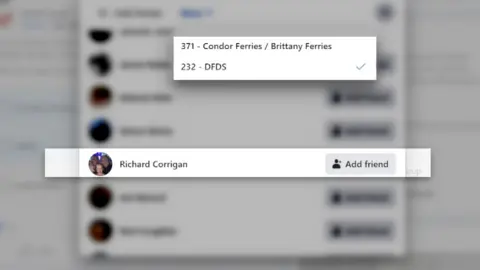 Facebook A screen grab from a social media platform. In the middle of the image, there is a focused section showing the name Richard Corrigan. Above this, there is a dropdown box listing two options: "371 - Condor Ferries / Brittany Ferries" and "232 - DFDS".