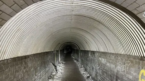 The underground tunnels built by Short Brothers to protect their workforce and planes during the Second World War. The picture shows a long tunnel under the ground in Rochester, Kent.