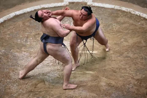 AFP via Getty Images Tamawashi (R) battles with Kinbozan (L) during a battle on day 2 of the Grand Sumo Tournament at the Royal Albert Hall in central London