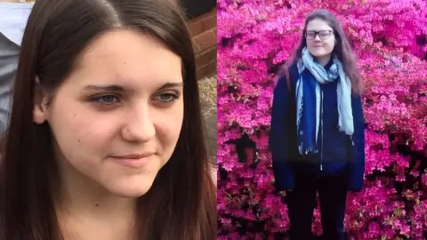 BBC The image is split into two, the left side shows a young woman, Laura with brown hair and a nose stud. The right side shows a young woman named Cariss standing wearing a blue jacket and a scarf around her in front of a bush with pink flowers