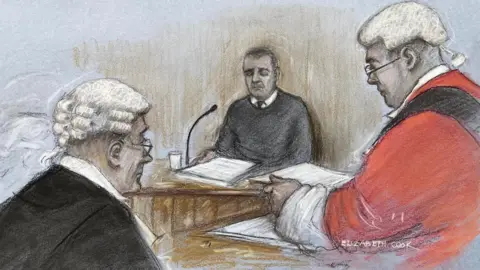 Elizabeth Cook Court artist sketch, by Elizabeth Cook, of BBC racing commentator John Hunt giving his victim impact statement in front of judge Mr Justice Bennathan