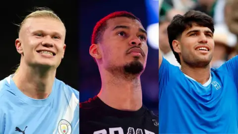 PA Media/Reuters Footballer Erling Haaland, basketball star Victor Wembnyama, and tennis player Carlos Alcaraz in a composite image.