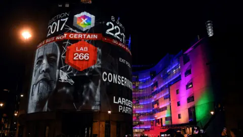 Getty Images Election latest results projected onto the walls of New Broadcasting HOuse, London