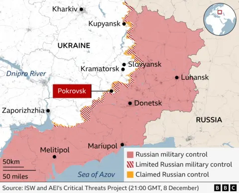 Map showing which areas of east of Ukraine are under Russian military control or limited Russian control