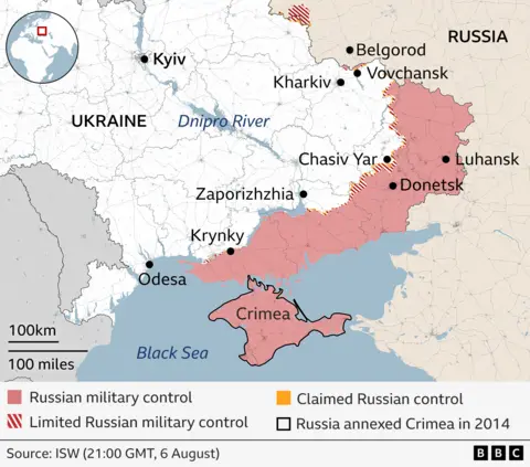 Map showing which areas of east of Ukraine are under Russian military control or limited Russian control.