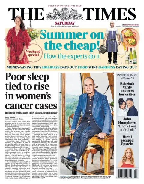 The headline on the front page of the Times reads: 'Poor sleep tied to rise in women's cancer cases'.