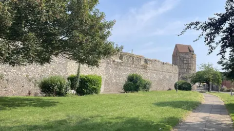 Great Yarmouth Borough Council An ancient wall in Great Yarmouth. There is shrubbery and grass around the wall and a footpath.