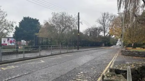 BBC A shot of Station Road in Antrim, the road is covered in leaves and there is a 
footpath with metal barriers on either side.