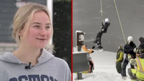 Splitscreen. Left, a woman in a grey hoodie speaks in the snow. Right, she is rescued on a snowy hilltop, wearing snowboarding gear.