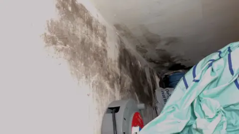 Damp in the flat. It can be seen on half of the wall and the ceiling in a room. A plastic bag is in front of the damp. 