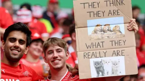 Getty Images Swiss fans hold a sign reading 'They think they are' with an image of three lions, followed by 'what they really are' and three kittens. 