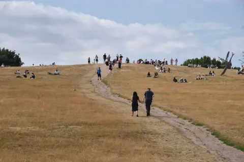 Getty Images People gather on a very dry Primrose Hill as heatwaves continue.Many areas have experienced extremely dry conditions following record-breaking heatwaves in the UK.