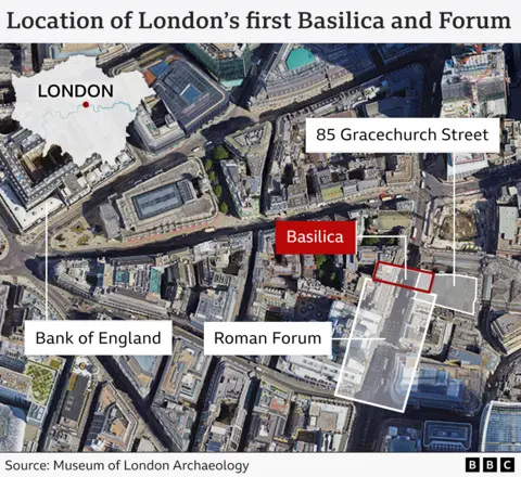 Aerial map showing the location of 85 Leadenhall Street and the first Roman forum and basilica