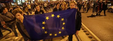 Getty Images Protesters against Viktor Orban's law against NGOs in April 2018